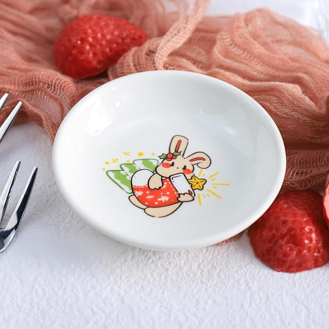 SOCOSY Cute Cartoon Christmas Rabbits Ceramic Sauce Dishes, Seasoning Dishes, Little Cat Dog Bird Feeding Bowls, Sushi Soy Dipping Bowls, Appetizer Plates, Dessert Plates-Rabbits-3.5 Inch, Set of 6