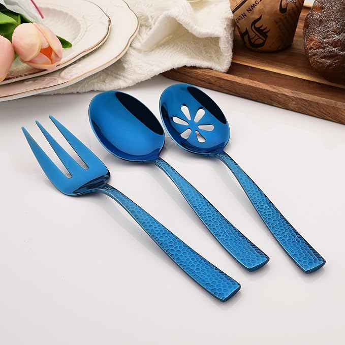 6 PCS Hammered Serving Utensils, Uniturcky Stainless Steel Serving Spoons Set, Square and Thick Hostess Serving Set, Includes 2 Serving Spoon 2 Serving Fork and 2 Slotted Spoon, Mirror Blue