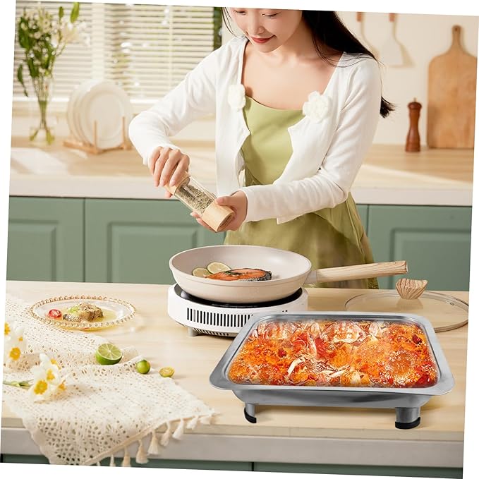 Ciieeo Stainless Steel Buffet Serving Tray with Combined Cover Rectangular Food Holder for Parties Kitchen Use and Display and Stable Design with Transparent Lid
