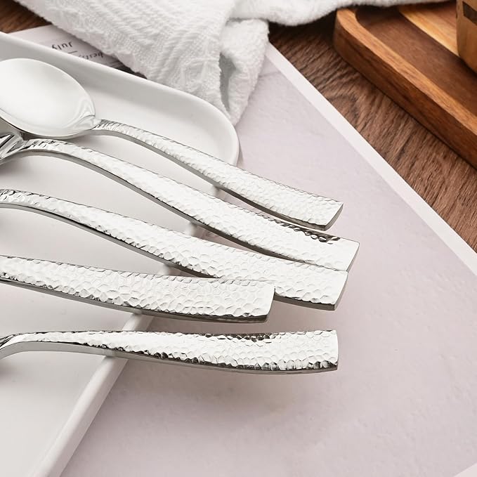 Serving Utensils Set, 5-Piece 18/8 Stainless Steel Hostess Serving Set, Elegant Hammered Serving Utensils for Home Restaurant and Buffet Catering, Heavy and Mirror Polished, Silver