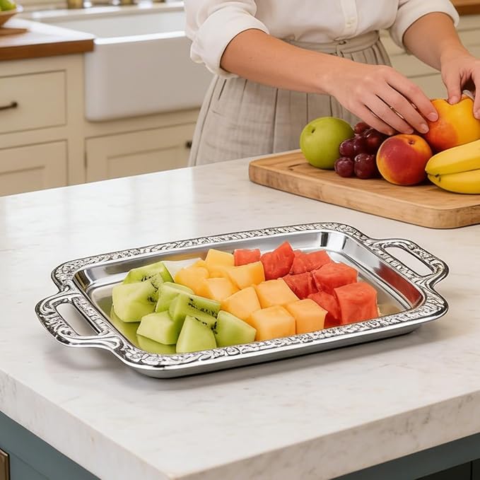 2PCS Silver Serving Tray with Handles, 15 x 9 Inch Stainless Steel Rectangle Platter, Silver Tray for Food Serving, for Party Food Breakfast Tea Farmhouse Home Decor
