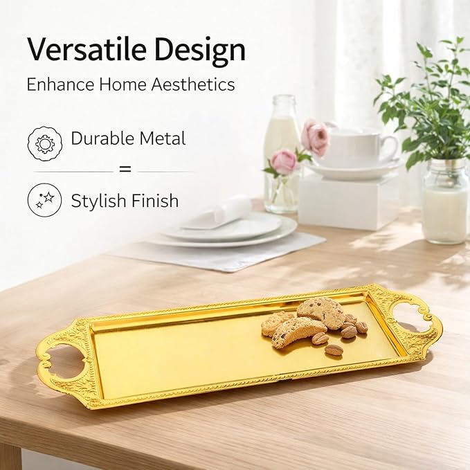 Rectangular Metal Tray, Small Elegant Decorative Serving Tray, Silver - Durable Premium Metal, Multipurpose for Veggie Tray, Coffee Table, Fruit Display