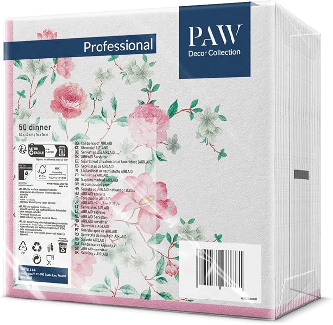 PAW - 50 Pieces Linen-Feel Paper Paper Napkins 16" x 16", Disposable Cloth-Like Napkins with Floral Design, Dinner Napkins for Party, Wedding, Barbecue, Picnic