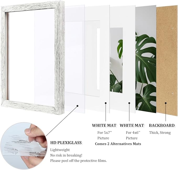 Egofine 8x10 Picture Frames Set of 4, Made of Solid Wood Covered by Plexiglass 4x6 and 5x7 with Mat or 8x10 without Mat, for Table Top Display and Wall Mounting Photo Frame Driftwood White