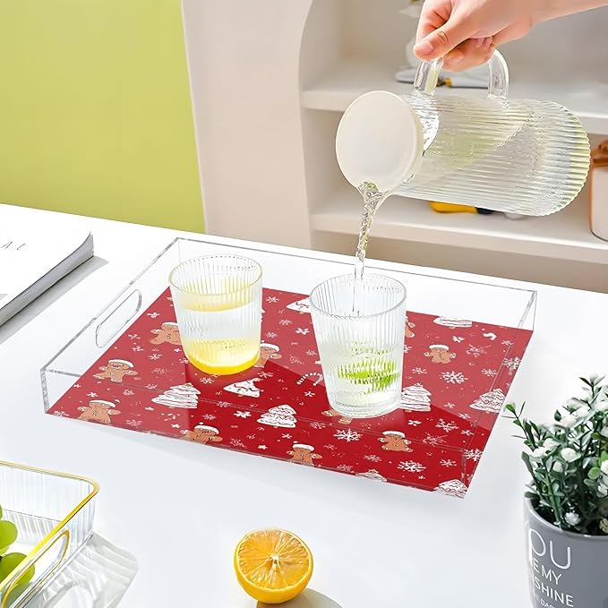 Serving Tray with Handles Clear Acrylic Tray 12x16 Inch Decorative Rectangular Tray Organizer for Ottoman Coffee Table Bathroom Gingerbread Christmas Tree01