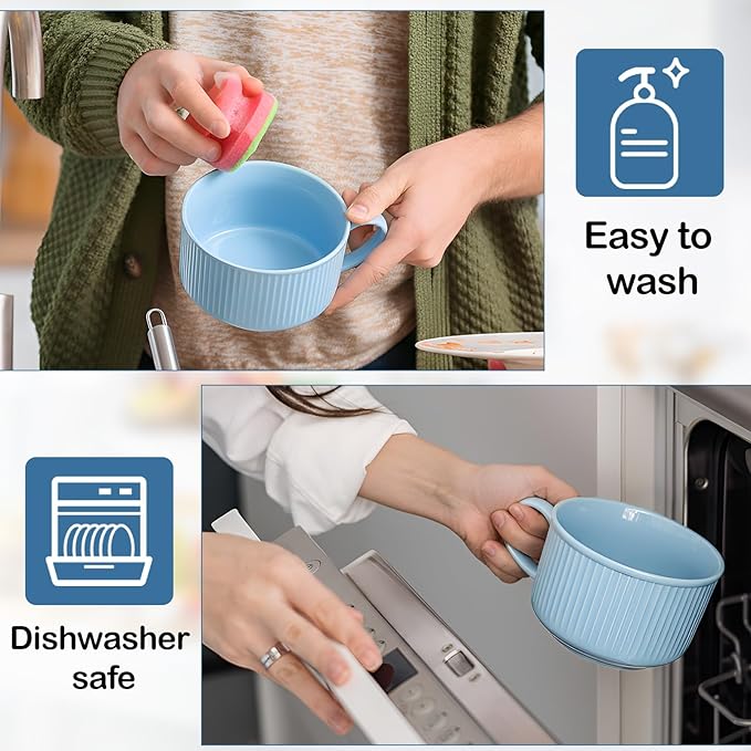 Nuenen 2 Pcs Soup Bowls with Lids and Handles 30 oz Microwave Safe Ceramic Soup Mug Microwavable Ramen Containers with Lids Large Colorful Cups for Noodle Cereal kitchen (Baby Blue)