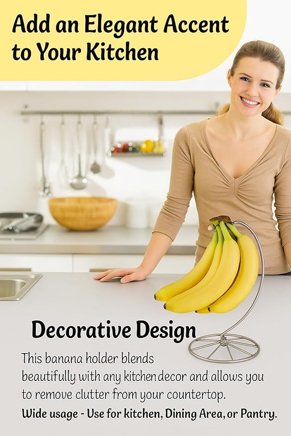 Homeries Banana Holder Modern Rack Hanger Tree Stand Hook for Kitchen Countertop. Satin Nickel Banana Holder Keeper Stand (Satin Nickel New)