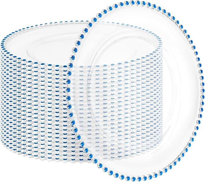 24 Pack Clear Charger Plates with Beaded Rim, 13 Inch Plastic Chargers for Dinner Plates Acrylic Round Tabletop Decoration for Home Kitchen Catering Wedding Table Event Party Dinner (Blue)