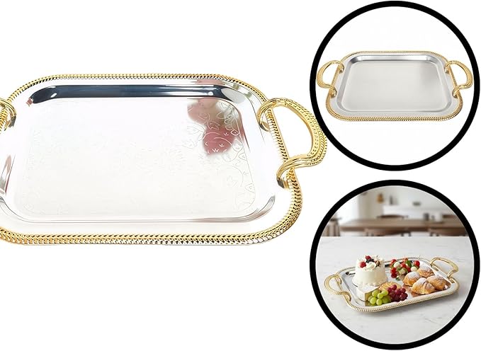 Rectangular Serving Tray Silver with Handles for Parties, Large Metal Tray for Serving Food and Drinks, European Style Tray