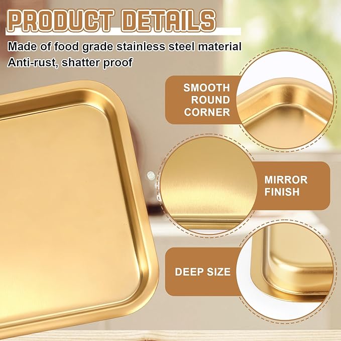 6 Pcs 7.5 x 5.5 Inch Gold Baking Sheets Stainless Steel Baking Pan Tray Cookie Sheet Rectangle Mirror Finish and Rust Free Easy Clean and Dishwasher Safe Bakeware Oven Tray for Roasting
