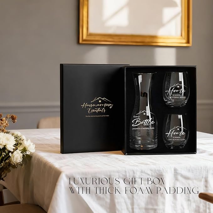 AW BRIDAL House Warming Gifts New Home Wine Glasses and Decanter Set, 2025 Closing Gifts for Home Buyers and Homeowner, New Apartment Gift Basket for Women Friend, First House Gift for Couple Newlywed