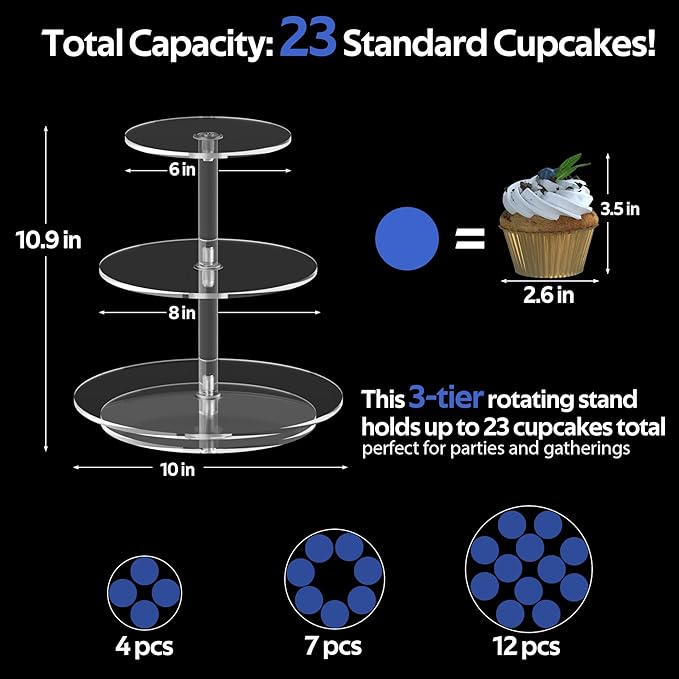3-Tier Rotating Cupcake Stand, Clear Acrylic 360° Spinning Dessert Display Tower for Cakes & Pastries, Serving Stand for Weddings, Birthdays, Parties