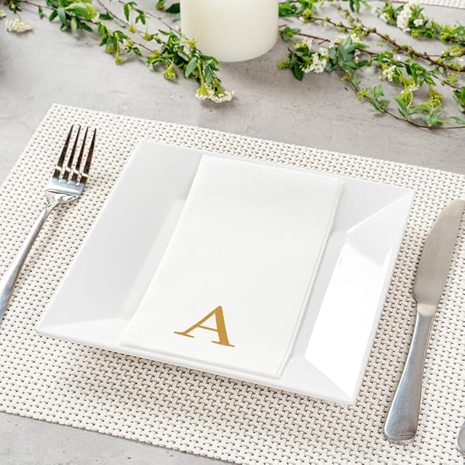 Luxenap 15.8 X 7.9 Inch Linen-Feel Guest Towels, 50 Lettered Hand Towels - Gold Letter 'A', Sans Serif Font, White Paper Dinner Napkins, airlaid, For Restrooms And Tables - Restaurantware