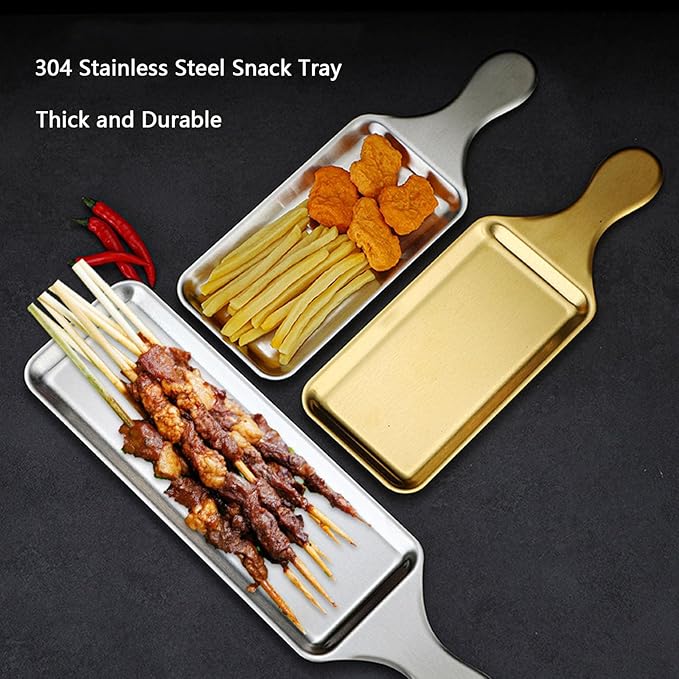Stainless Steel Serving Plate with Handle - Rectangular Sushi Serving Tray for Western Cuisine, Steaks, Snacks Decorative Tray,Silver,Small