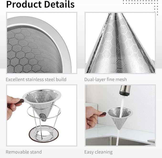 OMISTAR Stainless Steel Pour Over Coffee Dripper with Removable Stand, Dual Layer Coffee Filter, Easy to Clean, Paperless Reusable Filter for Home, Office and Travel