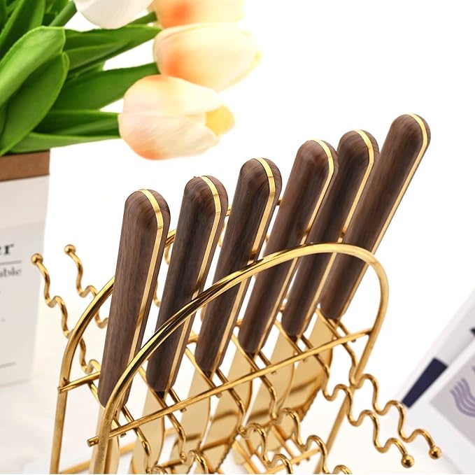 24 Pieces Mirror Gold Flatware Set With A Cutlery Stand, Hanging Silverware With Round Wooden Handle Include Knife/Fork/Spoon/Teaspoon, Service For 6