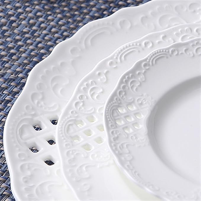 SONGCHAO Party Supplies Hollow Out Dessert Plate White Disc Home Kitchen Restaurant Coffee Shop Flat Plate Ceramic Fruit Plate Round Fruit Tray Party Plates (Color : Medium)