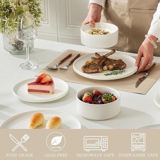 12 Piece Ceramic Dinnerware Set for 4, Modern Minimalist Stoneware Dinner Plates and Bowls, Microwave Safe, Dishwasher Safe, Versatile for All Seasons, Matte White