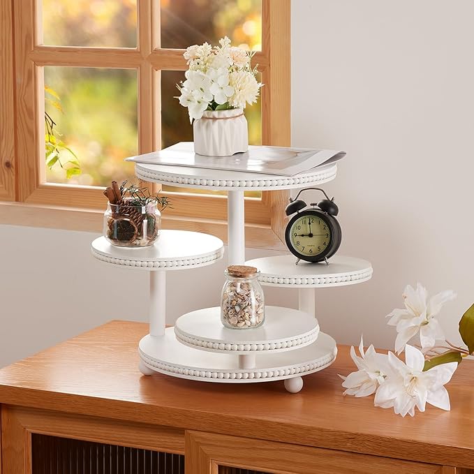 4 Tier Round Cupcake Tower Stand Beaded, Wood Cake Stand with Tiered Tray Decor for 50 Cupcakes/Baby Shower/Birthday/Wedding/Graduation
