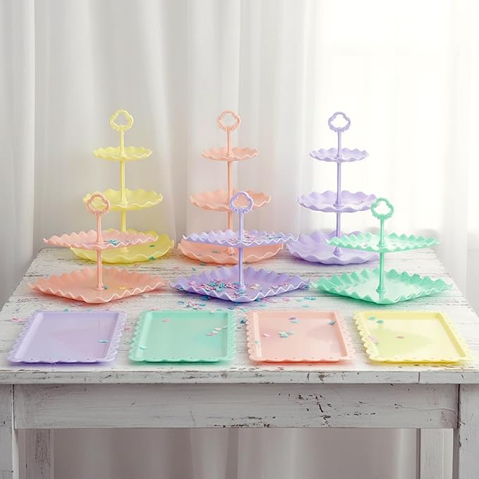 Pack of 10 NWK Cake Stand, Cupcake Stand, with 3X Two-Tier Cupcake Stands + 3X Three-Tier Cupcake Stands + 4 x Appetizer Trays Perfect for Birthday Baby Bridal Shower Party (Colorful)