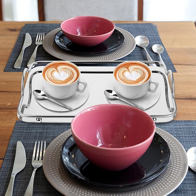 Rectangular Stainless Steel Serving Tray with Handles Small Silver Mirror Finish Food Tray for Beverage and Dinner 1pcs Sturdy for Household and Entertaining