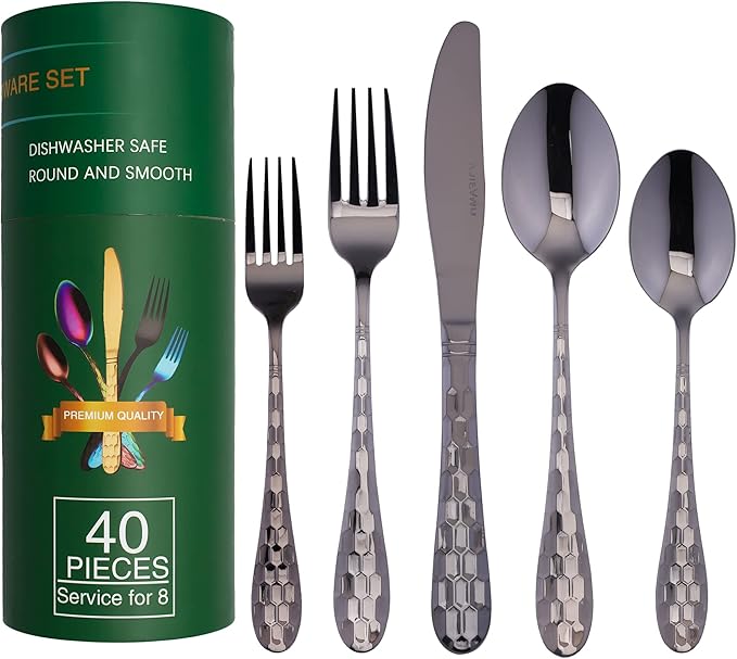 40PCS Black Silverware Set for 8, 18/10 Stainless Steel Flatware for 8, Elegant Honeycomb Design Tableware Cutlery Include Knife/Fork/Spoon Service for 8, Mirror Polished, Dishwasher Safe (Black)…