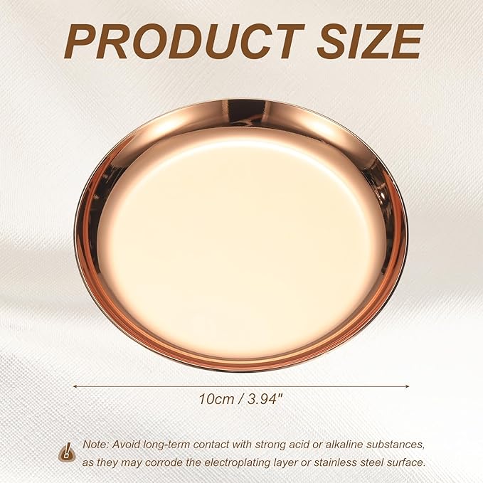 uxcell Round Serving Trays, 3.94" Stainless Steel Decorative Jewelry Dish, Small Vanity Tray for Bathroom Aromatherapy Candle Drink Plate,Rose Gold