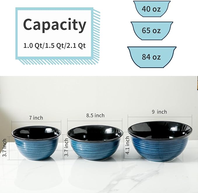 HASENSE Mixing Bowls, Ceramic Serving Bowls Set for Cooking, Baking, Prepping, Large Nesting Bowls for Salads, Fruit, Popcorn, Christmas Gift, 2.1/1.5/1.0 Qt, Dishwasher & Microwave Safe, Blue