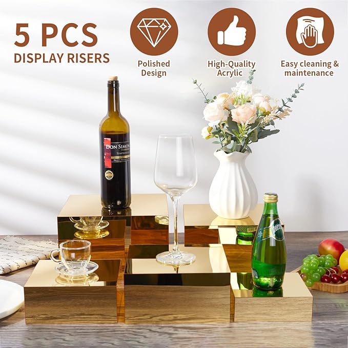 5 Pcs Acrylic Gold Risers Display Stands, Mirrored Food Risers for Buffet Table, Nesting Acrylic Cube Boxes for Jewelry Purse Perfume, Gold Cake Stand for Dessert Display Catering Supplies