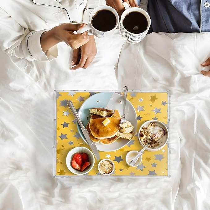 Serving Tray with Handles Clear Acrylic Tray 12x16 Inch Decorative Rectangular Tray Organizer for Ottoman Coffee Table Bathroom Silver and Golden Stars