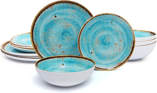 TP 12-Piece Dinnerware Set, Melamine Dishes Set with Bowls and Plates, Non-breakable and Lightweight Dinner Service for 4, Turquoise Swirl