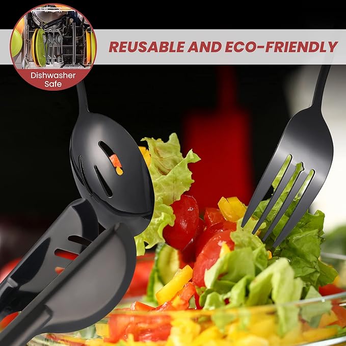 Patelai 8 Pcs Black Stainless Steel Serving Utensils Set 8.7" Large Spoons and Slotted Spoon 9.45" Tong 9" Forks Flatware Wedding Valentine's Day Holiday Party Buffet Banquet Cooking Kitchen Catering