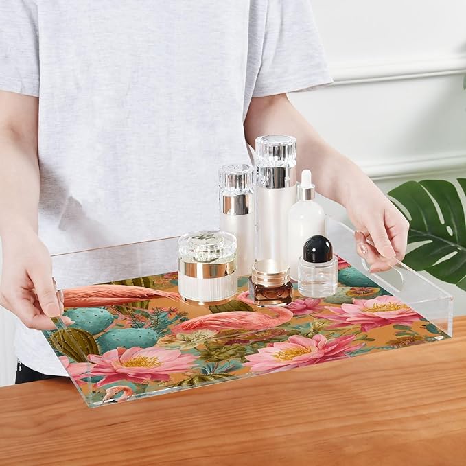 Serving Tray with Handles Clear Acrylic Tray 12x16 Inch Decorative Rectangular Tray Organizer for Ottoman Coffee Table Bathroom Orange Flamingos and Green Cactus Flowers