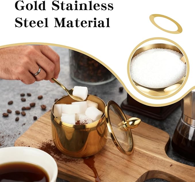 Sugar Bowl with Lid and Spoon - 10oz Gold Stainless Steel Sugar Container, Coffee Bar Accessory for Kitchen & Home, Stores Salt & Candy