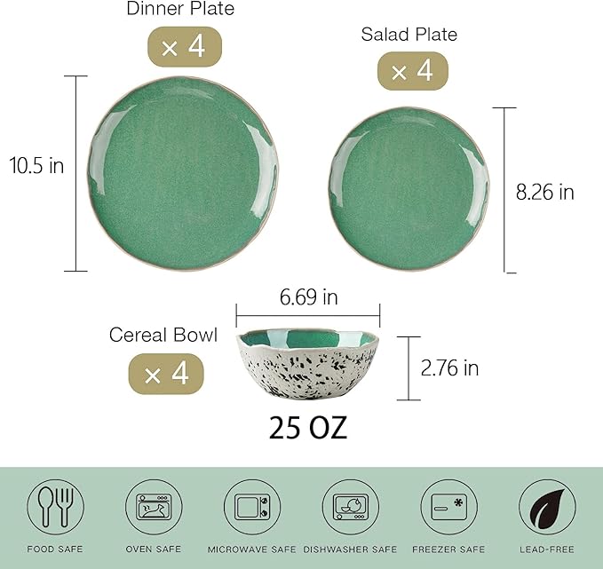 12pcs Dinnerware Set Service for 4, Handmade, Stoneware,Ceramic, Dish Set, Plates and Bowls set, Dinner Set, Reactive Glazed, Microwave and Dishwasher Safe (GREEN)