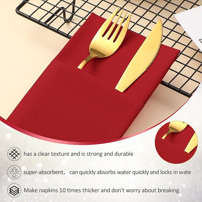 Cindeer 150 Pcs Red Linen Dinner Feel Napkins with Built in Flatware Pocket Prefolded Paper Disposable Airlaid Guest Hand Towel for Silverware Wedding Reception Christmas Baby Shower