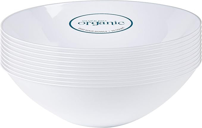 [16 OZ 20 Count] White Plastic Organic Party Soup bowls With Silver Rim Premium heavyweight Elegant Disposable Tableware Dishes