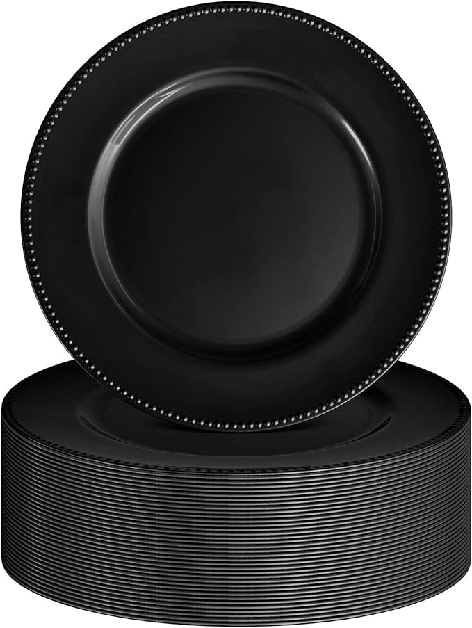 36 Pcs Black Charger Plates Round Charger Plates13 Inch Bulk Wedding Dinner Elegant Reusable Plastic Chargers Plates Wedding Holiday Party Baby Shower Event Decoration (Black)