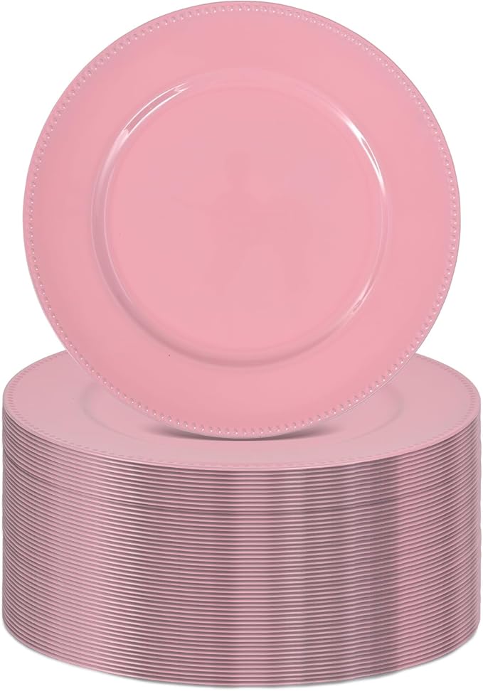 50 Pcs Pink Charger Plates, 13 Inch Round Plastic Chargers for Dinner Plates, Elegant Wedding Plate Charger Bulk, Reusable Chargers Serving Plates for Wedding Party Event Tabletop Decoration