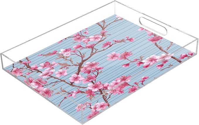 Serving Tray with Handles Clear Acrylic Tray 12x16 Inch Decorative Rectangular Tray Organizer for Ottoman Coffee Table Bathroom Blue Stripes Cherry Blossom