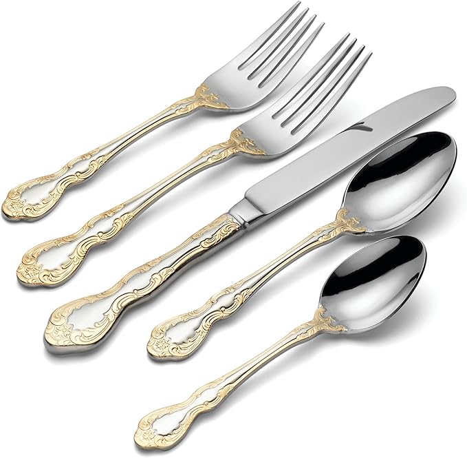 Oneida Silverware Set, Golden Mandolina 45 Piece Fine Flatware Set, Service For 8, 18/10 Stainless Steel, Dishwasher Safe, Knives Spoons And Forks Set, Home And Kitchen Utensils(Silver/Gold, 45 Piece)