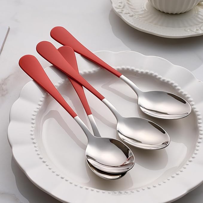 Red Dinne spoons Set 12 Piece,Red Handle Silverware 18/0 Stainless Steel Flatware Bulk,7.3-inch Dessert Spoons Sets Table Set of 12,Mirror Finished Dishwasher Safe