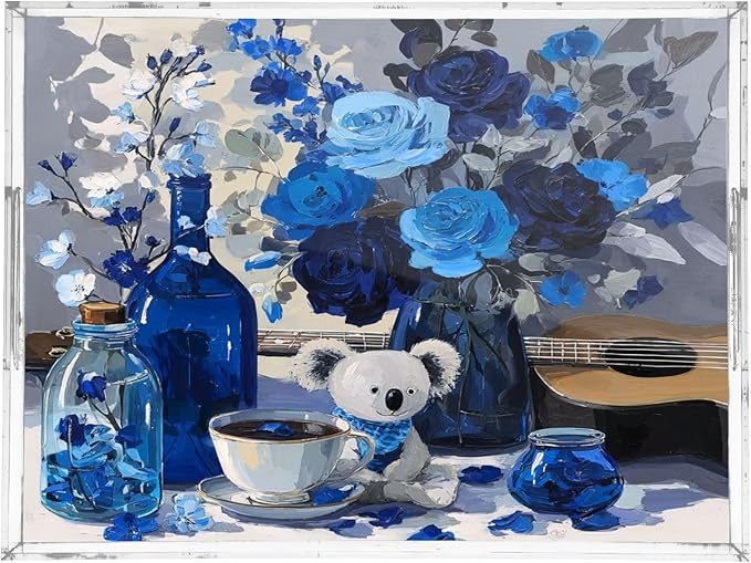 Serving Tray with Handles Clear Acrylic Tray 12x16 Inch Decorative Rectangular Tray Organizer for Ottoman Coffee Table Bathroom Koala Rose Coffee Blue