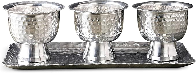 IHI EST. 1986 Hammered Design - Scalloped Edge - Pedestal Base - 4.5 x 3.75 Inch Silver Tone Stainless Steel Condiment Bowl Set