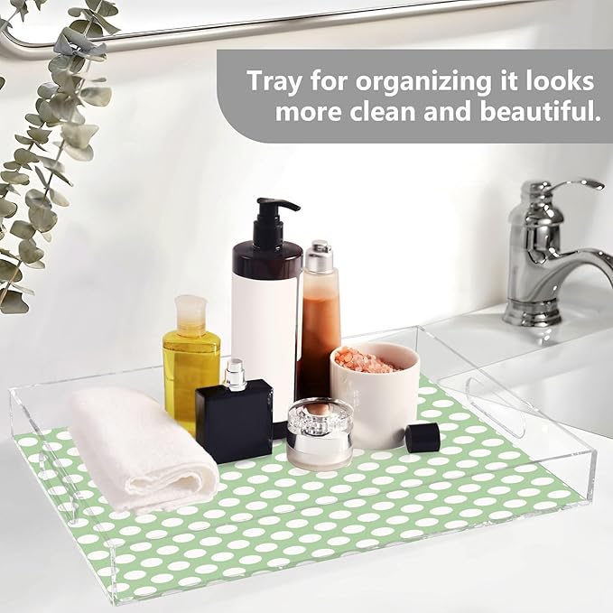 Serving Tray with Handles Clear Acrylic Tray 12x16 Inch Decorative Rectangular Tray Organizer for Ottoman Coffee Table Bathroom Polka Dots Green