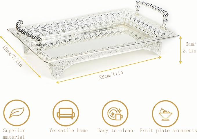 Rectangle Metal Fruit Tray, Vintage Serving Tray with Handle,Party Decorative Food Dessert Storage Plate for Kitchen Countertop Party Wedding,Sliver
