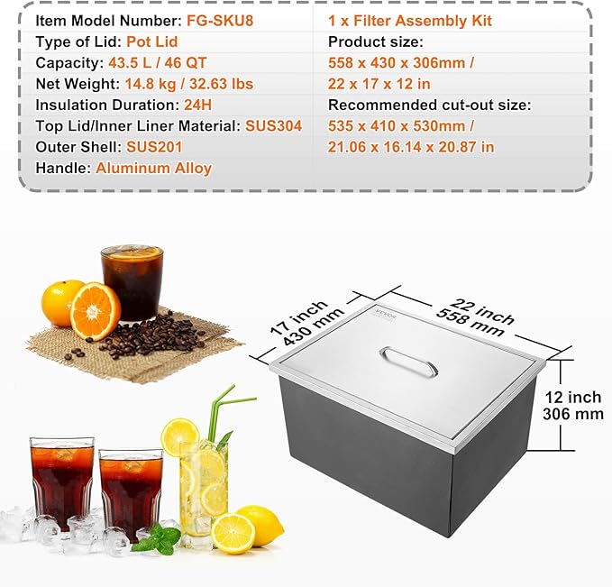 Happybuy Drop in Ice Chest 23''L x 17''W x 12''H with Cover 304 Stainless Steel Drop in Cooler Included Drain-Pipe and Drain Plug Drop in Ice Bin for Cold Wine Beer
