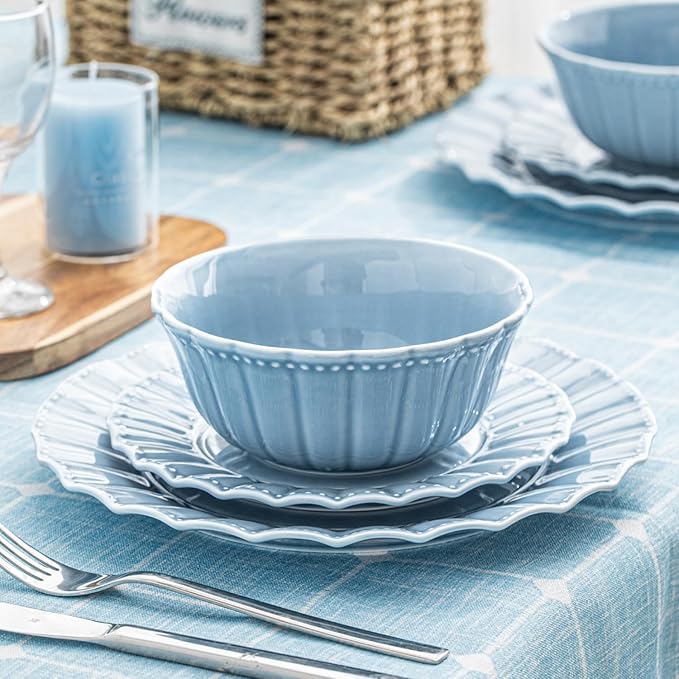 HOMBENE Dinnerware sets, 12 Piece plates and bowls sets for 4, Ceramic dish set, Porcelain dish set, Premium kitchen decor, Microwave and Dishwasher Safe, Celestial Blue