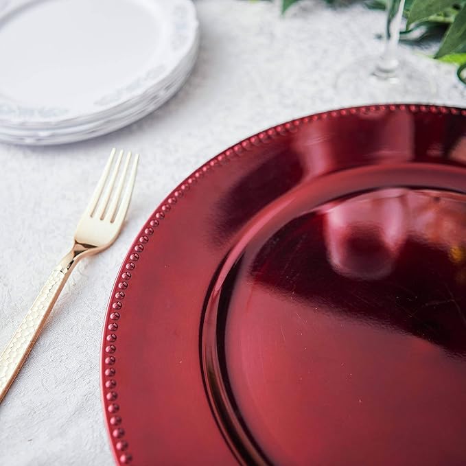 13" Charger Plates -Set of 12 - Acrylic Burgundy Round Beaded Disposable Chargers, Ideal for Dinner Party Wedding Bulk Events Tabletop Decoration