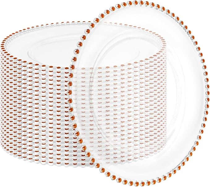 24 Pack Clear Charger Plates with Beaded Rim, 13 Inch Plastic Chargers for Dinner Plates Acrylic Round Tabletop Decoration for Home Kitchen Catering Wedding Table Event Party Dinner (Orange)